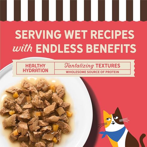 Merrick Purrfect Bistro، سمك السلمون اللذيذ والبطاطا الحلوة، وصفة للبالغين، طعام القطط الرطب الطبيعي في المرق، مكونات لذيذة ممتازة، طعام القطط عالي البروتين - (عبوة من 24 قطعة) 3 أونصة. علب in Kuwait