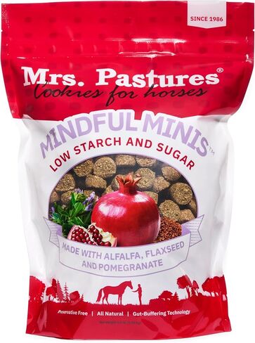 Mrs Pastures Mindful Minis - ملفات تعريف الارتباط والحلويات للخيول - علاجات الخيول الممتازة - مصنوعة من البرسيم وبذور الكتان والرمان - قليل النشا والسكر - خالية من المواد الحافظة - طبيعية بالكامل - صنع في الولايات المتحدة الأمريكية - (4 رطل) in Kuwait