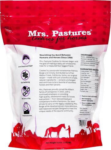 Mrs Pastures Mindful Minis - ملفات تعريف الارتباط والحلويات للخيول - علاجات الخيول الممتازة - مصنوعة من البرسيم وبذور الكتان والرمان - قليل النشا والسكر - خالية من المواد الحافظة - طبيعية بالكامل - صنع في الولايات المتحدة الأمريكية - (4 رطل) in Kuwait