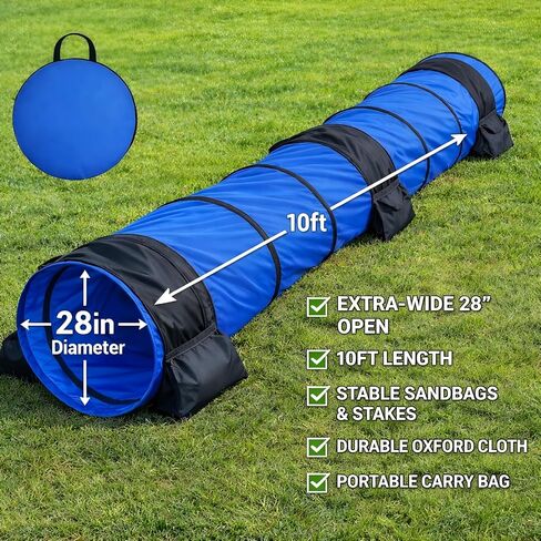 28in Dog Tunnel for Large Dogs, 10ft Heavy Duty Dog Agility Training Equipment with 3 Sandbags & 4 Stakes, Portable Pop Up Pet Play Tunnel, Professional Agility Kit in Kuwait