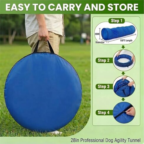 28in Dog Tunnel for Large Dogs, 10ft Heavy Duty Dog Agility Training Equipment with 3 Sandbags & 4 Stakes, Portable Pop Up Pet Play Tunnel, Professional Agility Kit in Kuwait