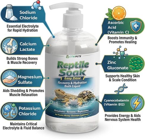 CTWPets Reptile Electrolyte Soak – Vitamin & Electrolyte Bath Concentrate for Bearded Dragons, Leopard Geckos, Tortoises & Snakes – Makes 100+ Baths (8oz, Easy Soak) in Kuwait