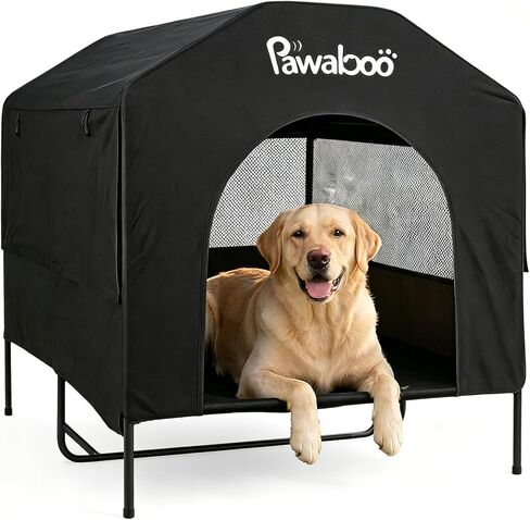 Pawaboo 47'' XL Dog House Outdoor for Medium Large Breeds, Weatherproof Large Dog Shelter, Elevated Dogs Bed & Breathable Mesh Windows, Larges Dogs Houses Outdoor/Indoor for All Seasons, Grey in Saudi Arabia