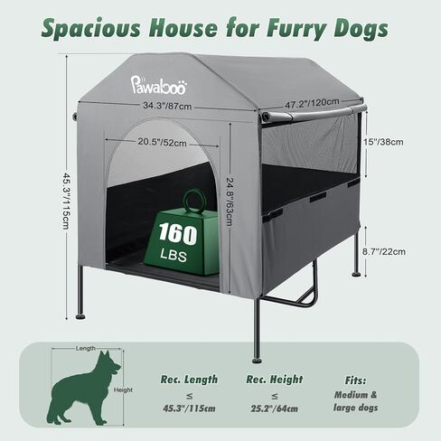 Pawaboo 47'' XL Dog House Outdoor for Medium Large Breeds, Weatherproof Large Dog Shelter, Elevated Dogs Bed & Breathable Mesh Windows, Larges Dogs Houses Outdoor/Indoor for All Seasons, Grey in Saudi Arabia