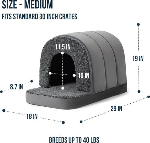 PELZIN Orthopedic Dog Bed House - Indoor Dog Tent with Washable Removable Cover - Pet Bed with Cover Cave - Nonskid Bottom, Ideal for Medium Breeds & Fits 30-Inch Crate - 29"x18", Charcoal in Kuwait