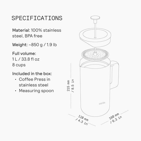aarke Coffee Press - Premium 100% Stainless Steel Coffee Maker, 34oz (1L) Insulated Double-Walled Vacuum Body with Cool-Touch Exterior and Precision Mesh Filter in Kuwait