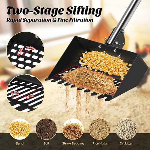 Chicken Poop Scooper & Rake, 2-in- Metal Litter Scoop Sand Sifting Shovel with 28" to 55" Adjustable Stainless Steel Handle for Chicken Coop Accessories/Supplies, Farm, Sheep Pen, Cat Litter, Black in Saudi Arabia