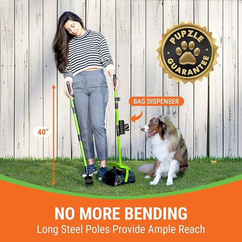 Pupzle Dry & Wet Dog Pooper Scooper with Bag Attachment, 40" Long Handle Pooper Scooper for Large Dogs, Dog Poop Scoop for Yard, Large Capacity Swivel Bin and Rake, 75 Bags, Patent Pending in Kuwait