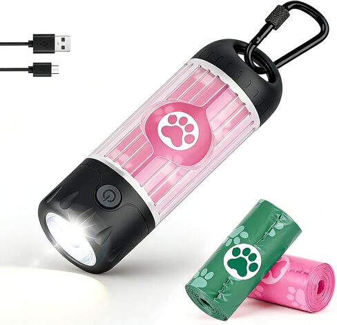 Dog Poop Bag Holder with Flashlight 7-Color, USB-C Rechargeable Poop Bag Displenser for Leashes, IPX6 Waterproof Anti-Slip Clip Pet Waste Bag Holder for Walking (1 Dispenser, 30 Bags) in Kuwait