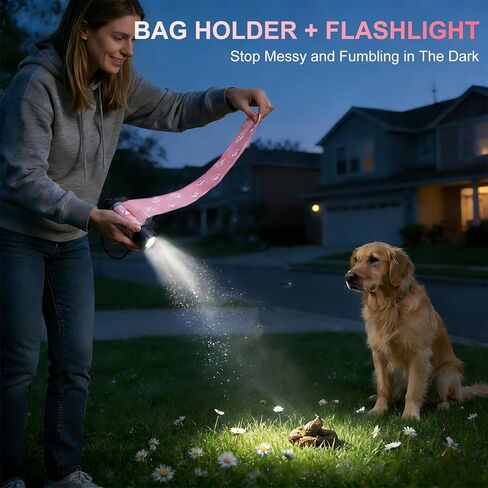 Dog Poop Bag Holder with Flashlight 7-Color, USB-C Rechargeable Poop Bag Displenser for Leashes, IPX6 Waterproof Anti-Slip Clip Pet Waste Bag Holder for Walking (1 Dispenser, 30 Bags) in Kuwait