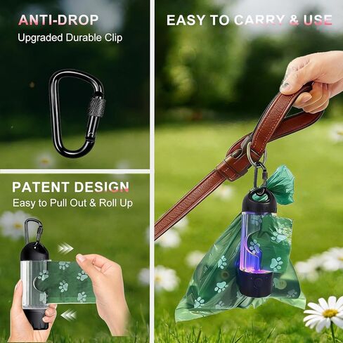 Dog Poop Bag Holder with Flashlight 7-Color, USB-C Rechargeable Poop Bag Displenser for Leashes, IPX6 Waterproof Anti-Slip Clip Pet Waste Bag Holder for Walking (1 Dispenser, 30 Bags) in Kuwait