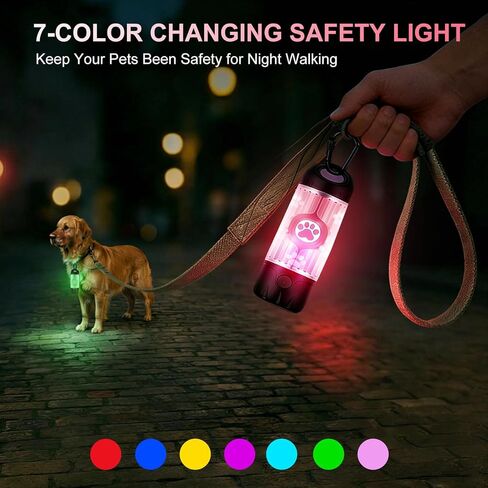 Dog Poop Bag Holder with Flashlight 7-Color, USB-C Rechargeable Poop Bag Displenser for Leashes, IPX6 Waterproof Anti-Slip Clip Pet Waste Bag Holder for Walking (1 Dispenser, 30 Bags) in Kuwait