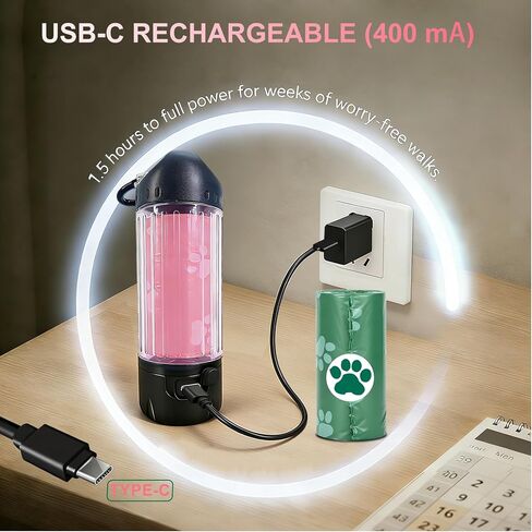 Dog Poop Bag Holder with Flashlight 7-Color, USB-C Rechargeable Poop Bag Displenser for Leashes, IPX6 Waterproof Anti-Slip Clip Pet Waste Bag Holder for Walking (1 Dispenser, 30 Bags) in Kuwait