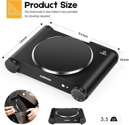 Cusimax Portable Electric Stove, 1200W Infrared Single Burner Heat-up In Seconds, 7 Inch Ceramic Glass Single Hot Plate Cooktop for Dorm Office Home Camp, Compatible w/All Cookware - Upgraded Version in Kuwait