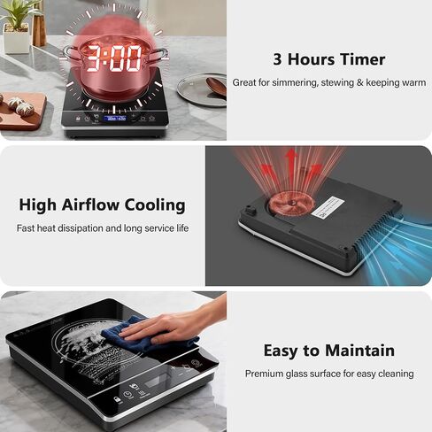 موقد طهي حثي محمول، لوح تسخين حثي بقدرة 1800 واط مع شاشة LCD تعمل باللمس، 20 وضعًا للطهي ومؤقت لمدة 3 ساعات، قفل أمان للأطفال وإيقاف تلقائي، موقد كهربائي معتمد من ETL للمنزل والنوم والمركبات الترفيهية in Kuwait