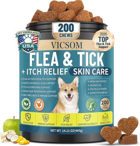 Flea and Tick Prevention for Dogs Itching Skin Relief, 200 Chewable Flea and Tick for Dog with Skin & Coat Support, Itch Relief for Dogs, Oral Supplement for All Breeds & Ages, Chicken Flavor in Kuwait