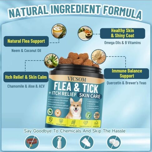 Flea and Tick Prevention for Dogs Itching Skin Relief, 200 Chewable Flea and Tick for Dog with Skin & Coat Support, Itch Relief for Dogs, Oral Supplement for All Breeds & Ages, Chicken Flavor in Kuwait