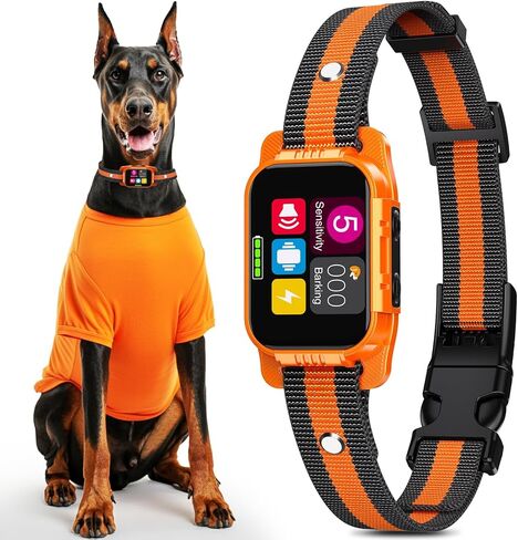 Smart Dog Bark Collar - Anti Barking Device for Large Medium Small Dogs, Stop Excessive Barking & Aggression Behavior, with 5 Modes & 5 Sensitivity, IP67 Waterproof for Indoor/Outdoor Use, Orange in Kuwait