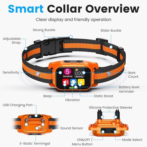 Smart Dog Bark Collar - Anti Barking Device for Large Medium Small Dogs, Stop Excessive Barking & Aggression Behavior, with 5 Modes & 5 Sensitivity, IP67 Waterproof for Indoor/Outdoor Use, Orange in Kuwait