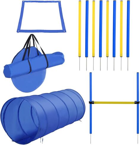 4PC Obstacle Dog Agility Training Course with Jump Hurdle, Tunnel, Pause Box, Weave Poles and Carrying Bag in Kuwait
