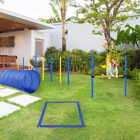 4PC Obstacle Dog Agility Training Course with Jump Hurdle, Tunnel, Pause Box, Weave Poles and Carrying Bag in Kuwait