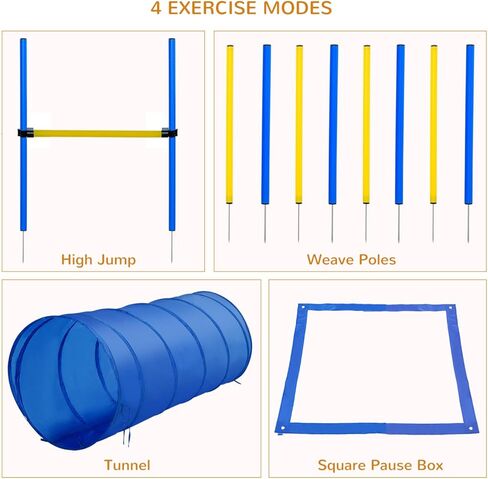 4PC Obstacle Dog Agility Training Course with Jump Hurdle, Tunnel, Pause Box, Weave Poles and Carrying Bag in Kuwait