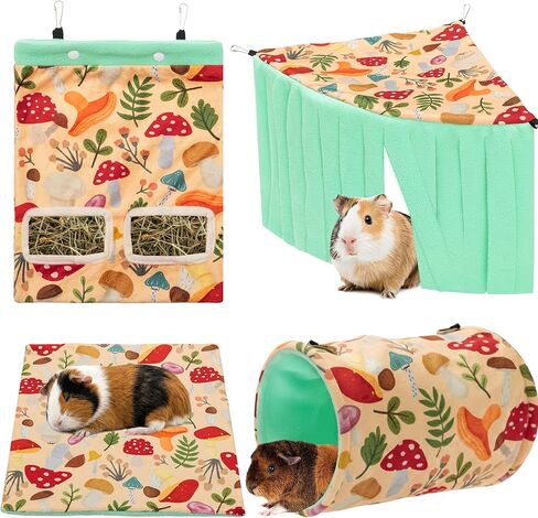 Guinea Pig Hideout, 4 Pack Fleece Cute Small Animal Tunnel & Hay Feeder Bag & Mat & Corner Hideout Cage Accessories for Guinea Pigs, Rabbit, Bunny, Ferret, Chinchilla, Hedgehogs in Kuwait