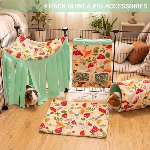 Guinea Pig Hideout, 4 Pack Fleece Cute Small Animal Tunnel & Hay Feeder Bag & Mat & Corner Hideout Cage Accessories for Guinea Pigs, Rabbit, Bunny, Ferret, Chinchilla, Hedgehogs in Kuwait