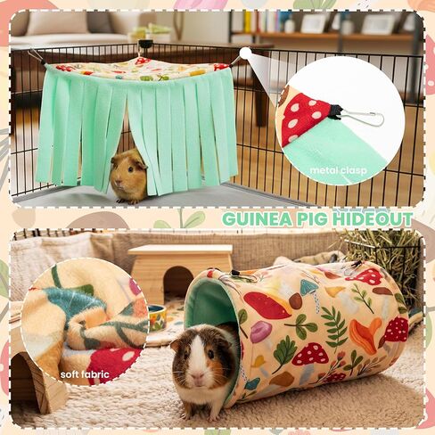 Guinea Pig Hideout, 4 Pack Fleece Cute Small Animal Tunnel & Hay Feeder Bag & Mat & Corner Hideout Cage Accessories for Guinea Pigs, Rabbit, Bunny, Ferret, Chinchilla, Hedgehogs in Kuwait