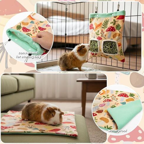 Guinea Pig Hideout, 4 Pack Fleece Cute Small Animal Tunnel & Hay Feeder Bag & Mat & Corner Hideout Cage Accessories for Guinea Pigs, Rabbit, Bunny, Ferret, Chinchilla, Hedgehogs in Kuwait