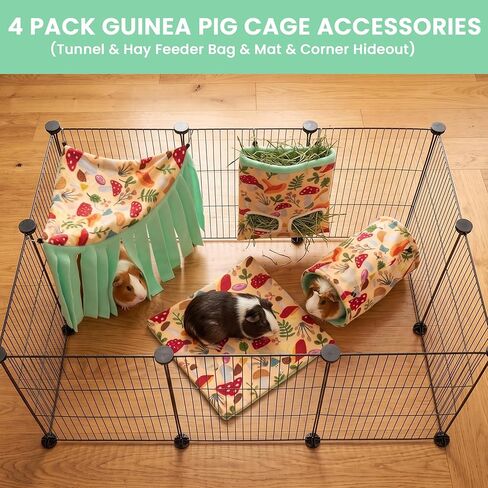 Guinea Pig Hideout, 4 Pack Fleece Cute Small Animal Tunnel & Hay Feeder Bag & Mat & Corner Hideout Cage Accessories for Guinea Pigs, Rabbit, Bunny, Ferret, Chinchilla, Hedgehogs in Kuwait