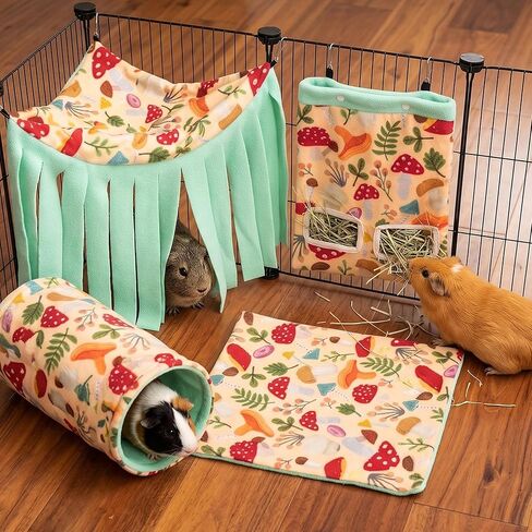 Guinea Pig Hideout, 4 Pack Fleece Cute Small Animal Tunnel & Hay Feeder Bag & Mat & Corner Hideout Cage Accessories for Guinea Pigs, Rabbit, Bunny, Ferret, Chinchilla, Hedgehogs in Kuwait
