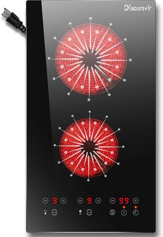 2 Burner Electric Cooktop 110V - 24 Inch(22.2"x 13.07") Countertop Electric Stove with Handles 2000W, Two Burner Ceramic Burner with Touch and Knob Control, Timer, Safety Lock, 120V Plug in in Kuwait