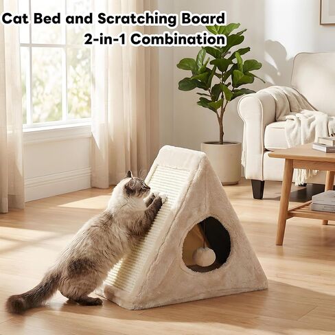 Cat Bed, 18"x10"x15.5" Creamy White Foldable Cat Beds for Indoor Cats, Cat House with Scratcher Board for Small Cats and Kittens in Kuwait