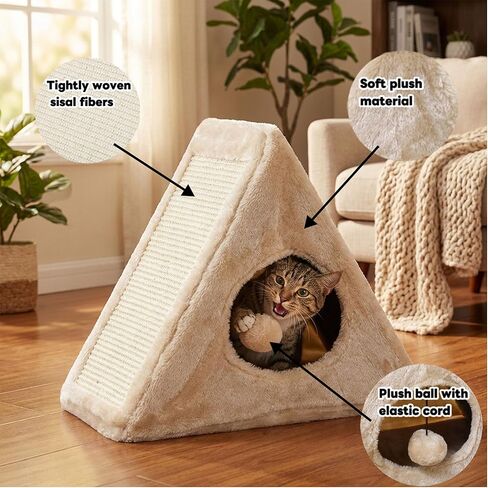 Cat Bed, 18"x10"x15.5" Creamy White Foldable Cat Beds for Indoor Cats, Cat House with Scratcher Board for Small Cats and Kittens in Kuwait