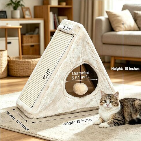 Cat Bed, 18"x10"x15.5" Creamy White Foldable Cat Beds for Indoor Cats, Cat House with Scratcher Board for Small Cats and Kittens in Kuwait
