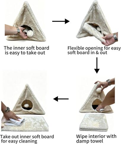 Cat Bed, 18"x10"x15.5" Creamy White Foldable Cat Beds for Indoor Cats, Cat House with Scratcher Board for Small Cats and Kittens in Kuwait