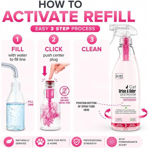 ION Fusion Cat Urine Odor Eliminator for Strong Odor, Dissolve Odors on Molecular Basis, Cat Litter Deodorizer Odor Absorber, Pet Stain Remover, Patent Refill Pod, Non-Enzymatic Formula, 32oz + Refill in Kuwait