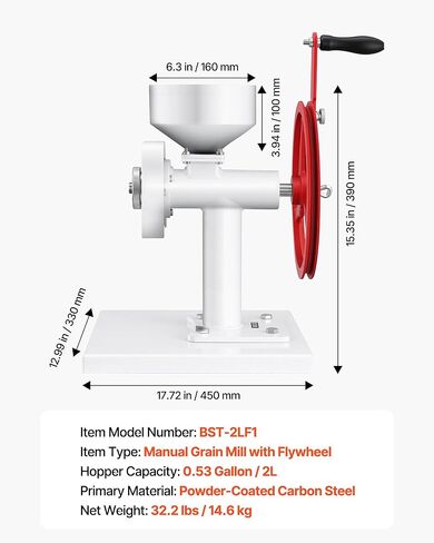 VEVOR Manual Grain Mill with Flywheel, Hand-Crank Corn Grinder, Heavy-Duty Carbon Steel Wheat Grinding Mill with Adjustable Fineness & 0.53 Gallon Hopper for Grains Spices Coffee Beans Nuts in Kuwait