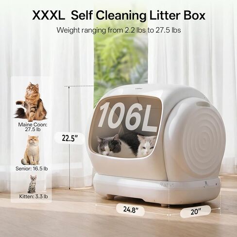 صندوق فضلات القطط ذاتي التنظيف من UBPET XXXL، صندوق فضلات أوتوماتيكي سعة 106 لتر مع التحكم في التطبيق، التحكم في الرائحة، مستشعر السلامة، مضاد للقرص، صندوق فضلات القطط التلقائي ذو المدخل المنخفض للقطط المتعددة in Kuwait