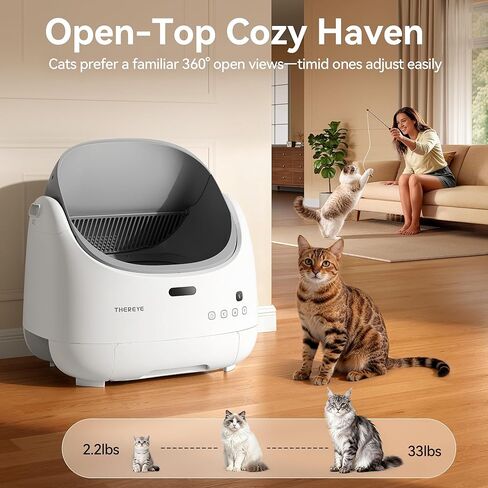 Thereye Self Cleaning Cat Litter Box, Open Top Automatic Litter Box for Multiple Cats, APP Control Smart Litter Box, Safety Sensors and Odor Control, Adjustable Entry Height Anti-Splash in Kuwait