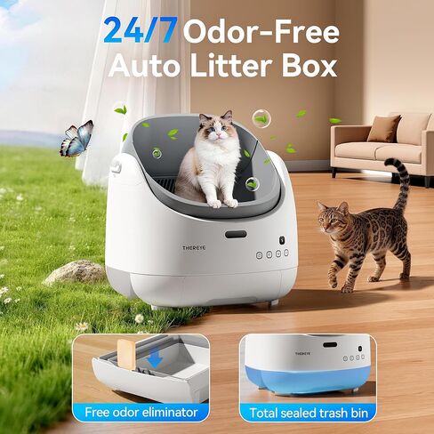 Thereye Self Cleaning Cat Litter Box, Open Top Automatic Litter Box for Multiple Cats, APP Control Smart Litter Box, Safety Sensors and Odor Control, Adjustable Entry Height Anti-Splash in Kuwait