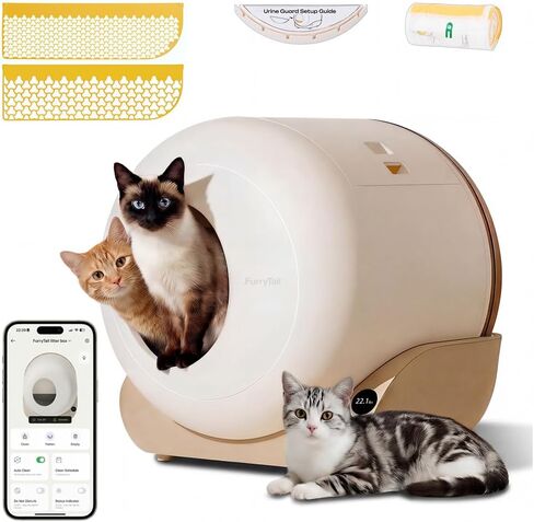 صندوق فضلات ذاتي التنظيف من Furrytail، صندوق فضلات القطط، مستشعرات أمان ذكية، تحكم متقدم في الرائحة والتسرب، سعة كبيرة لمنازل القطط المتعددة، مع التحكم في التطبيق و40 كيس قمامة، كريمي in Kuwait