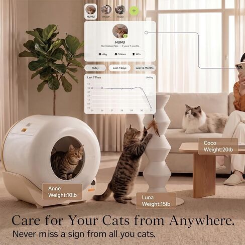 صندوق فضلات ذاتي التنظيف من Furrytail، صندوق فضلات القطط، مستشعرات أمان ذكية، تحكم متقدم في الرائحة والتسرب، سعة كبيرة لمنازل القطط المتعددة، مع التحكم في التطبيق و40 كيس قمامة، كريمي in Kuwait