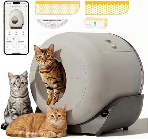 Furrytail Automatic Litter Box Self Cleaning, Kitty Litter Box, Smart Safety Sensors, Advanced Odor & Leak Control, Large Capacity for Multi Cat Homes, with App Control & 40 Trash Bags,Cream in Kuwait
