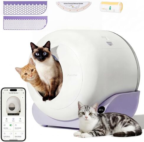 صندوق فضلات ذاتي التنظيف من Furrytail، صندوق فضلات القطط، مستشعرات أمان ذكية، تحكم متقدم في الرائحة والتسرب، سعة كبيرة لمنازل القطط المتعددة، مع التحكم في التطبيق و40 كيس قمامة، كريمي in Kuwait