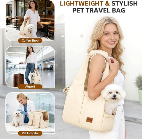 Dog Purse Carrier for Small Dogs and Cats, Soft-Sided Pet Tote Bag with 6 Large Pockets, Collapsible Travel Puppy Carrier with Small Cushion, Fits Pets up to 6 lbs (Black, 13.6" L x 6.6" W x 10" H) in Kuwait