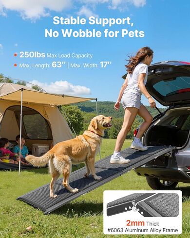 VEVOR Dog Ramp for Cars, 63" L x 17" W, Folding Pet Ramps for Medium & Large Dogs up to 250lbs, Pet Stair Ramp with Non-Slip Felt Rug Surface, Portable Outdoor Dog Car Ramps for SUV & Truck in Kuwait
