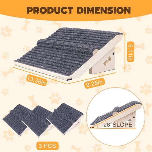 3 Pack Wooden Dog Ramp for Stairs,13L*9W*5H''+26°Slope,Fit for Stair 9-11D''5-7''H,Friendly to Short-Legged/Small/Injured/Aged Dogs with High Support,with Anti-Slip Pads for Climbing Safely in Kuwait