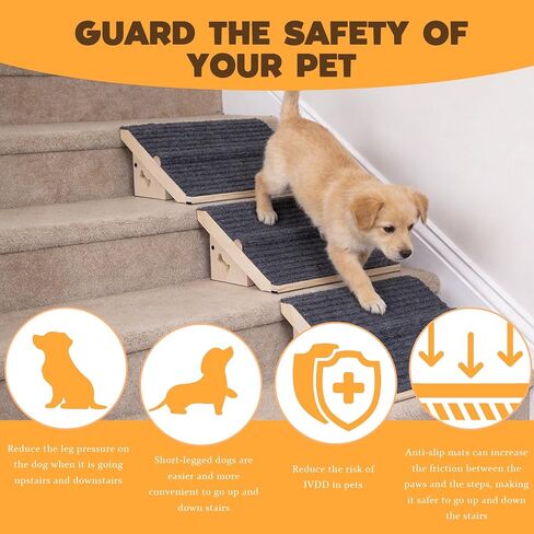 3 Pack Wooden Dog Ramp for Stairs,13L*9W*5H''+26°Slope,Fit for Stair 9-11D''5-7''H,Friendly to Short-Legged/Small/Injured/Aged Dogs with High Support,with Anti-Slip Pads for Climbing Safely in Kuwait
